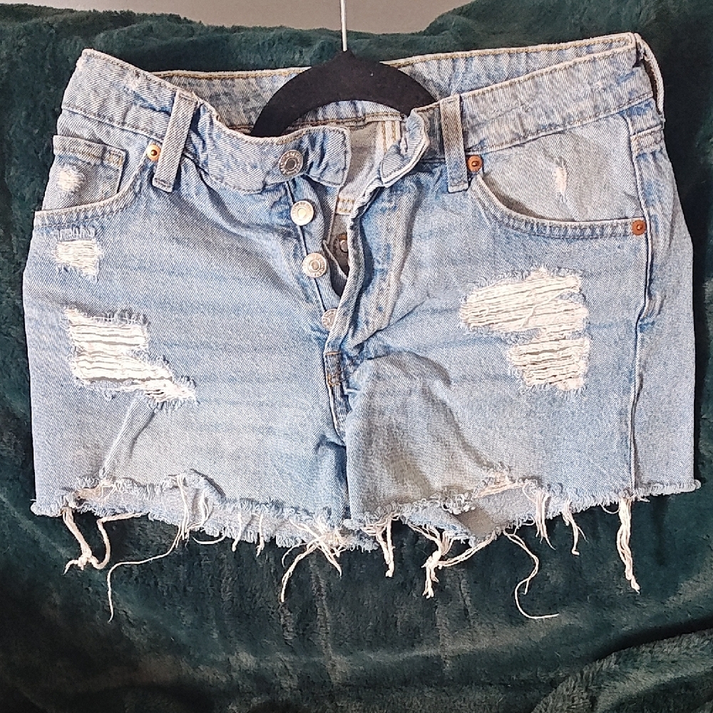 Light Blue Distressed Jean Shorts with Frayed Edges